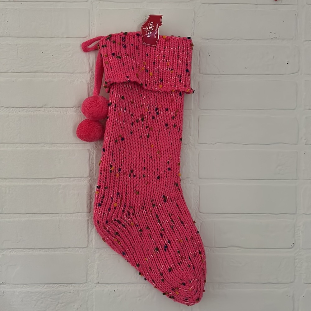Pink Knit Christmas Stocking W/ Pom Pom Tassels